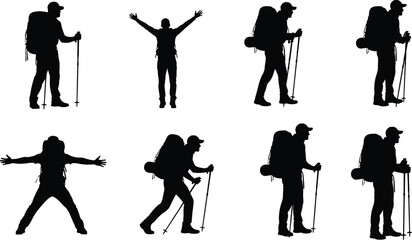 Obraz premium Hiking silhouette, trekking vector, outdoor activity, backpacker pose, walking stick, mountain adventure, black and white, hiking illustration, trail concept