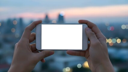A woman holding a mobile tablet PC with a blank digital display screen against a blue sky, using her finger to touch the technology device for business communication and internet access