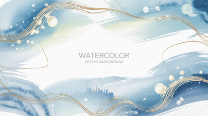 A serene watercolor vector background with abstract blue and gold accents