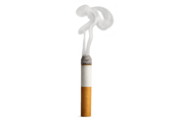 Smoking cigarette burning with thick smoke and ash, symbolizing addiction, unhealthy habits, and health risks, on a transparent background