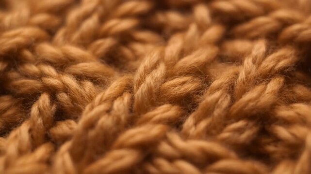 Brown knitted wool yarn fabric displaying braided stitch pattern in macro studio photoshoot providing warm winter season textile background material texture for cozy fashion craft design projects