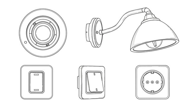 Architectural Lighting Floor Plan Symbols, Vector Icon Set of Electrical Switches and Fixtures for Blueprints and RCP