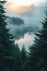Serene forest lake at sunrise