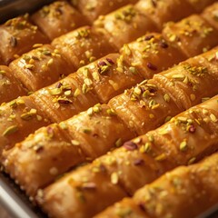 Golden baklava rolls with pistachio topping