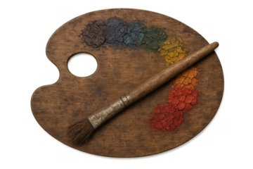 Wooden art palette with various colored pigments and paintbrush, symbolizing creativity and artistic expression on transparent background