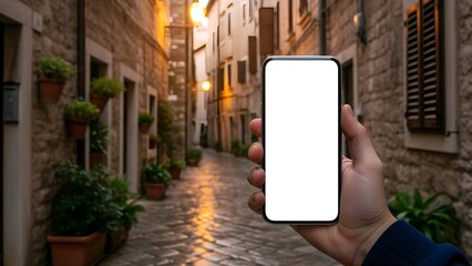 A woman and a man hold a mobile smartphone with a blank digital touch screen for wireless business communication while standing on a busy street using modern electronic technology