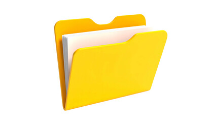 A stylized, bright yellow file folder, slightly open, holding sheets of white paper
