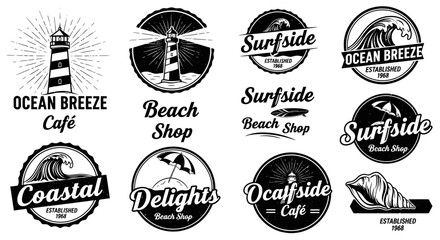 Collection of vintage nautical and beach themed logos and emblems. © Yuni