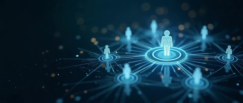 Futuristic network of blue digital icons glows and pulses, with a slow panning camera capturing the interconnected web in a cinematic style, ideal for technology and innovation themes.
