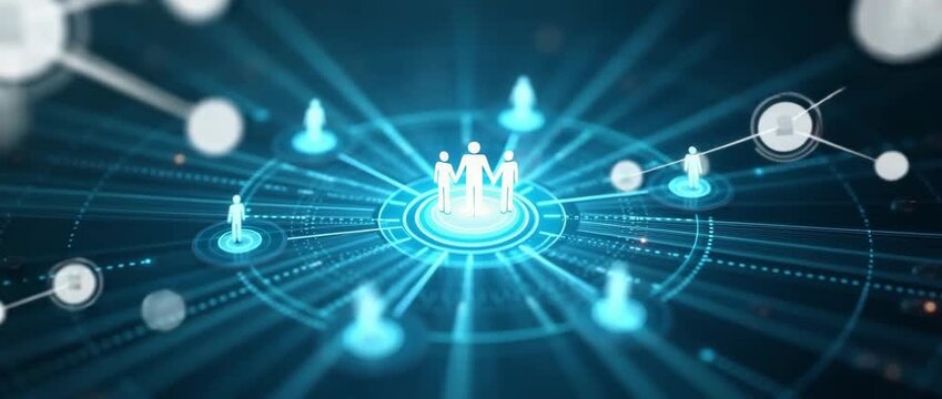 Futuristic digital network visualization with holographic figures moving in a synchronized pattern; a slow pan enhances the dynamic, cinematic atmosphere amid softly flickering lights.