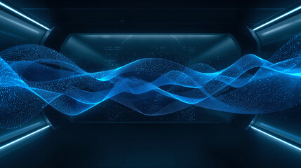 Abstract Blue Particle Wave Flow in Futuristic Digital Technology Room Background.