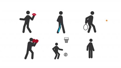 Competitive sports stick figures glyphs animation set. Professional athletes, outdoor activities. Personal hobby. Championship games. Animated stickman icon pack. Black solid pictograms motion