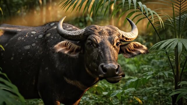 Wild Water Buffalo in Tropical Forest.