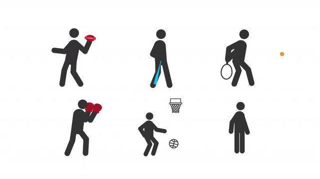 Competitive sports stick figures glyphs animation set. Professional athletes, outdoor activities. Personal hobby. Championship games. Animated stickman icon pack. Black solid pictograms motion