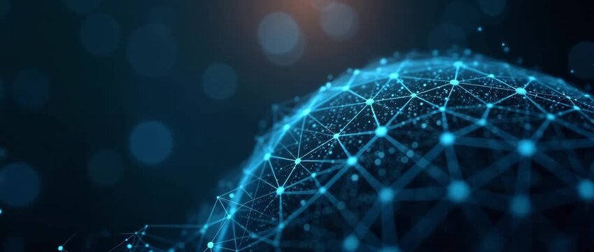 Glowing digital network sphere rotates gently as the camera slowly pans, revealing interconnected nodes; a seamless loop of ambient light flickers in a futuristic, cinematic style.