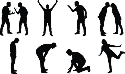 Male silhouette gesture set showing conflict victory accusation greeting fatigue kneeling and movement isolated vector illustration for emotional storytelling