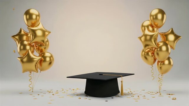 Graduation Cap Surrounded by Gold Balloons and Confetti with Textured Background