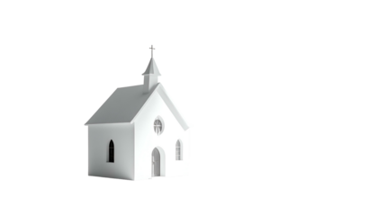 A simple, white, miniature chapel with a steeple and cross against a black backdrop