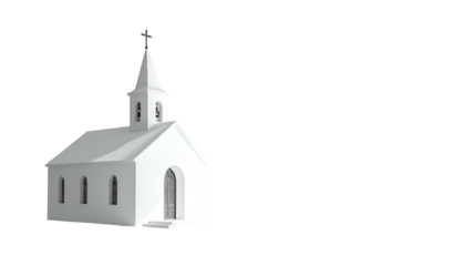 Simple, white, minimalist church building with a cross atop its spire, on a black background