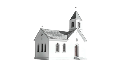 A simple, white church building with a steeple, set against a transparent backdrop