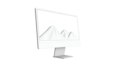 A white computer monitor displays stylized mountain range on a black backdrop