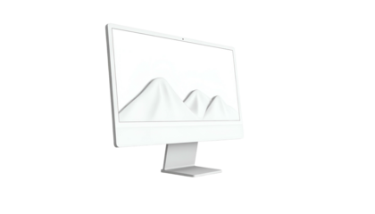 A white computer monitor displays stylized mountain range on a black backdrop