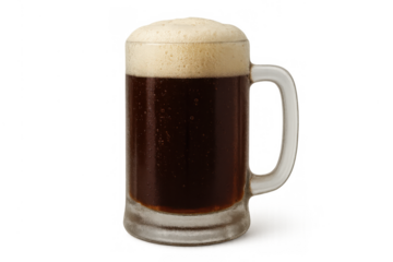Dark stout beer in a mug with frothy head, a cold refreshing alcoholic drink ready for celebration, transparent background