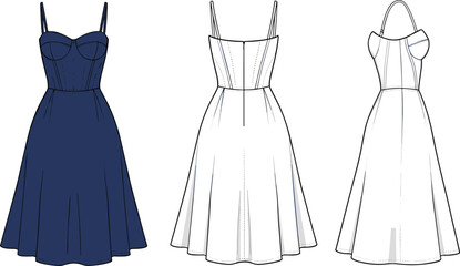 Women elegant midi dress vector illustration with front back side views fashion technical sketch modern apparel design blueprint