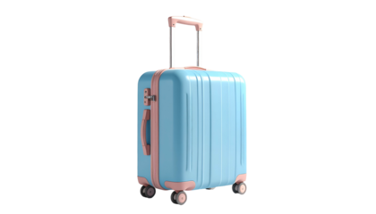 A rendered light blue and pink rolling suitcase on a black background