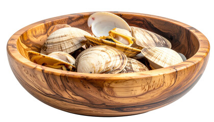 Clams nestled inside a beautifully patterned, wooden bowl, isolated on black