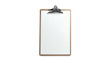 A vertical, isolated shot of a clipboard with blank white paper against a black backdrop