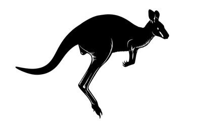 Fototapeta premium Black silhouette of a kangaroo hopping isolated on a white background for.