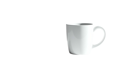 A clean white ceramic mug with a curved handle, centered against a stark black background