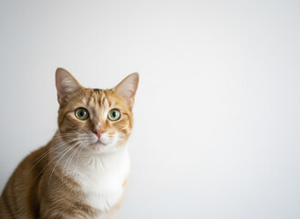 Obraz premium Curious orange tabby cat with green eyes and white chest tilting head slightly against clean white background, expressing alertness and gentle curiosity in soft natural light