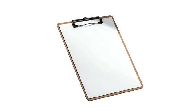 A wooden clipboard with a blank white sheet, metal clip, and brown border isolated on black
