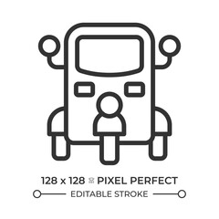 Tuk tuk pixel perfect line icon. Auto rickshaw. Public transport in Southeast Asia. Taxi service. Transportation. Isolated vector illustration. Outline symbol. Simple linear drawing. Editable stroke