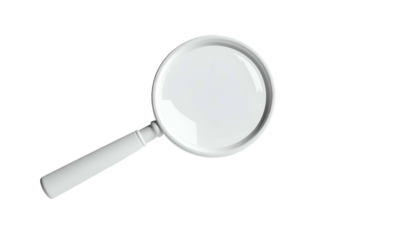 A white magnifying glass with reflections on a black background, slightly angled