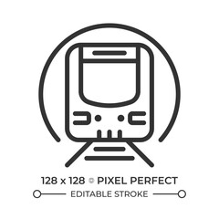 Metro pixel perfect line icon. Train in subway tunnel. Railway passenger transport. Underground railroad. Isolated vector illustration. Outline symbol. Simple linear drawing. Editable stroke