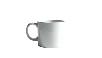 A plain white mug with a handle is isolated against a stark black background