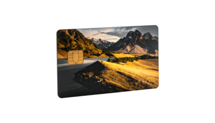 A digital card displaying a scenic mountain landscape, with an embedded chip