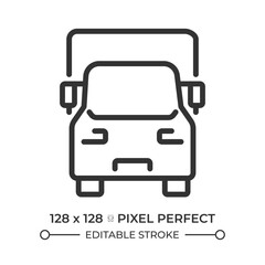Truck pixel perfect line icon. Vehicle designed to carry freights. Lorry transporting cargo in trailer. Isolated vector illustration. Outline symbol. Simple linear drawing. Editable stroke