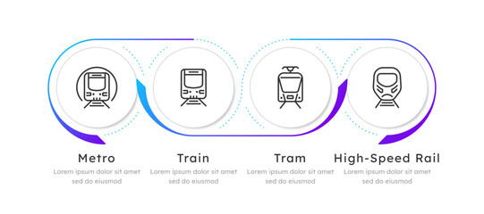 Railway public transport blue gradient horizontal infographic 4 steps. Metro, train and streetcar on railroad. Passenger vehicles. Editable thin line icons diagram process. Lexend Montserrat font used