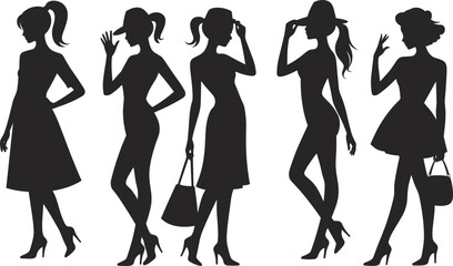 Set of Vector Silhouettes Illustrating Stylish Women Posing in Short Dresses, Hats, and High Heels for Fashion and Shopping.