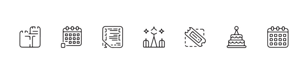 Set of party and event line icons. calendar, cake, celebration, fireworks, ticket, wallet