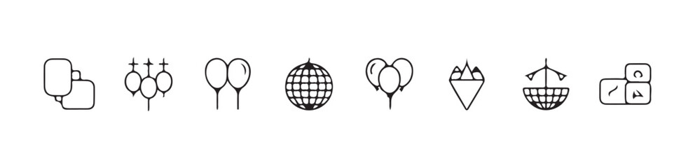 Collection of party icons including speech bubbles balloons disco ball and ice cream cone