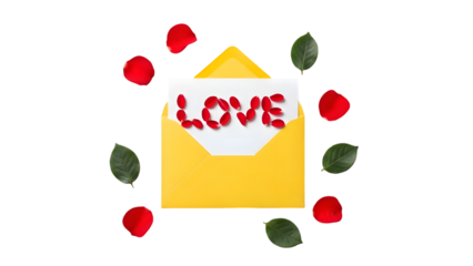 Yellow envelope with love letter isolated on transparent background