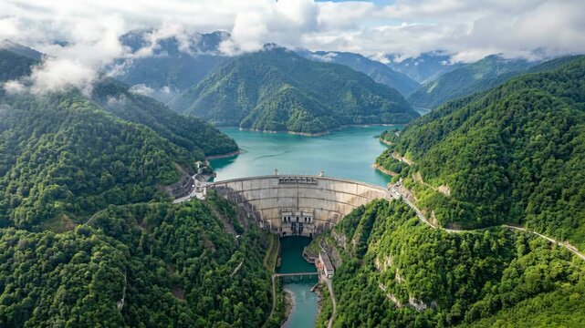 Aerial drone footage captures a large concrete arch dam holding back a turquoise reservoir surrounded by densely forested green mountains under a