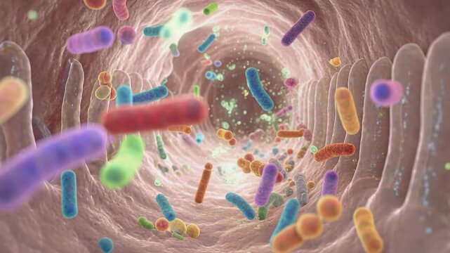 Detailed 3D render of the human intestinal tract filled with diverse colorful bacteria and microbes. Microscopic view shows villi and sparkling