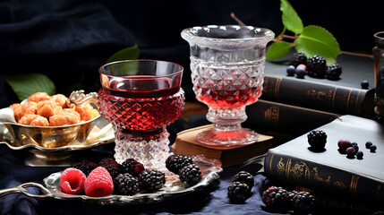 Gothic luxury still life with crystal goblets red liquor and ancient books