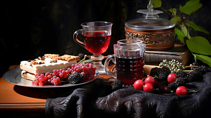 Dutch still life painting with berries cream cake and red wine on wooden table